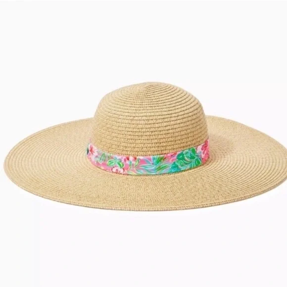 NWOT Lilly Pulitzer Tan Straw Hat Pink Floral Band GWP Journey to the Jungle - Picture 6 of 8